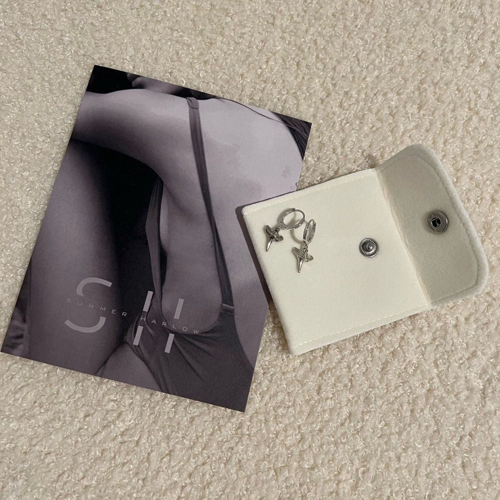 Small Hoop Rhodium Silver Shark Tooth Dangle Huggies Earrings